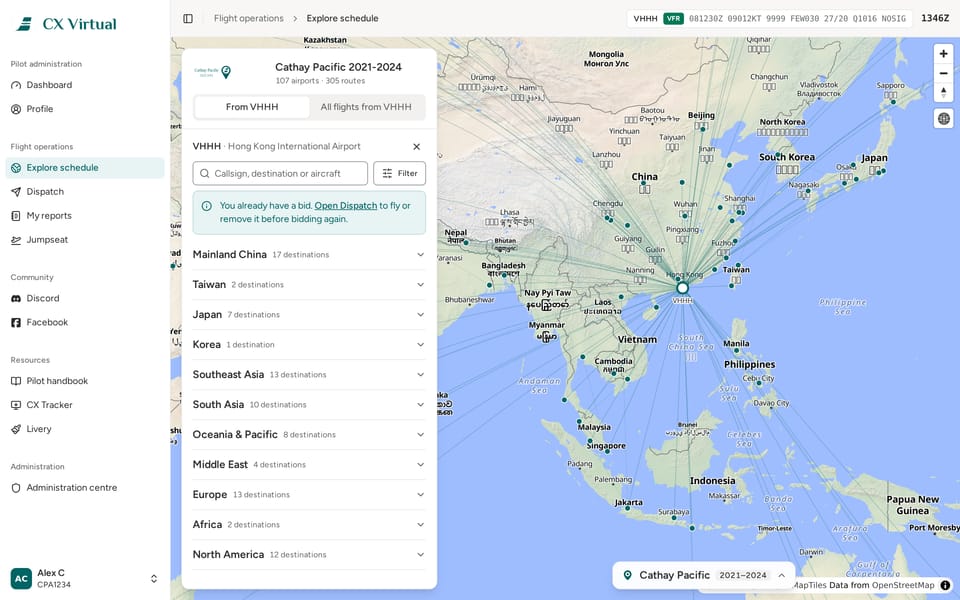 Explore: Cathay Pacific's routes fanning out from Hong Kong, grouped by region
